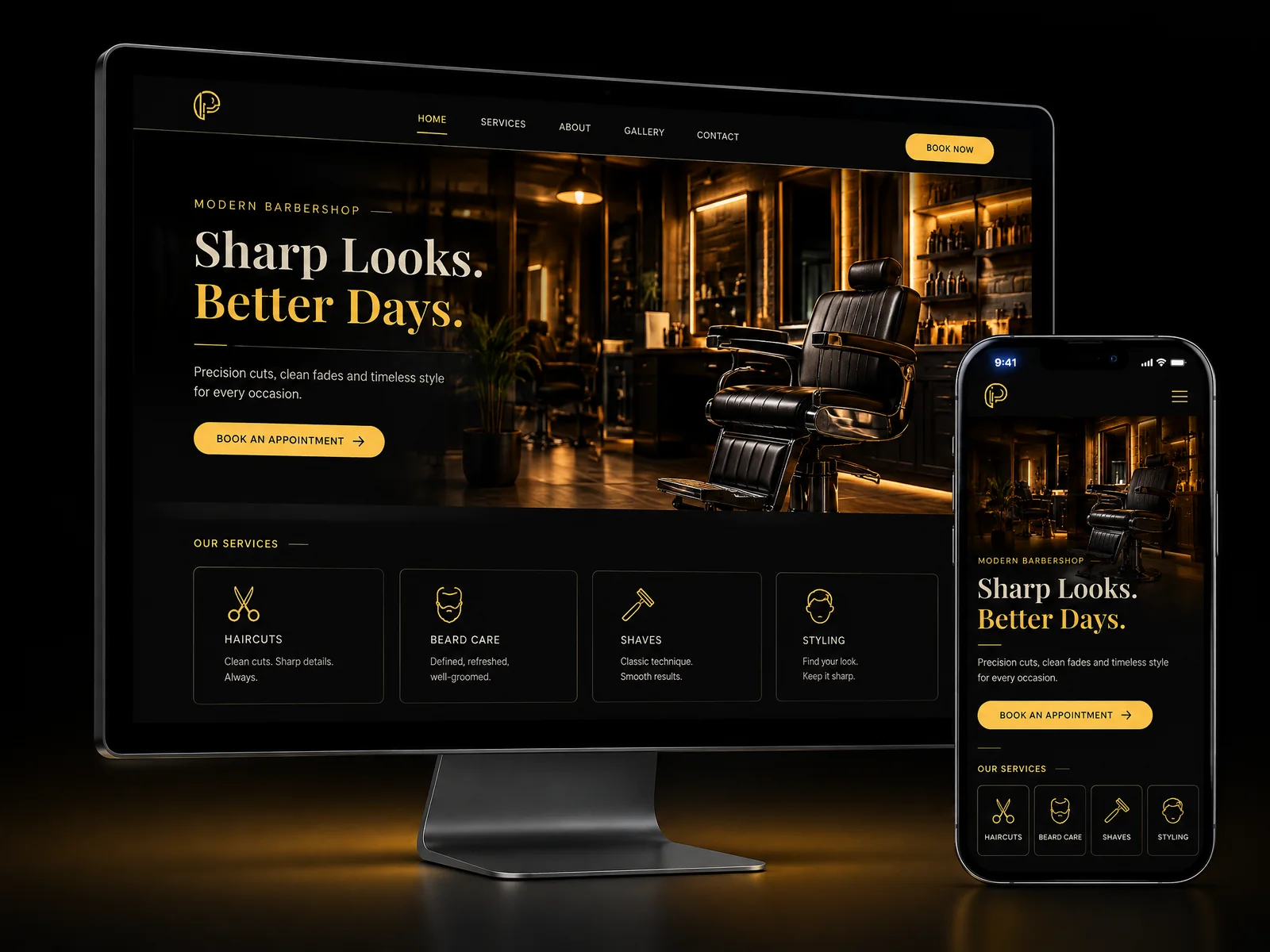 Mockup conceptual de website premium para barbearia, em desktop e mobile