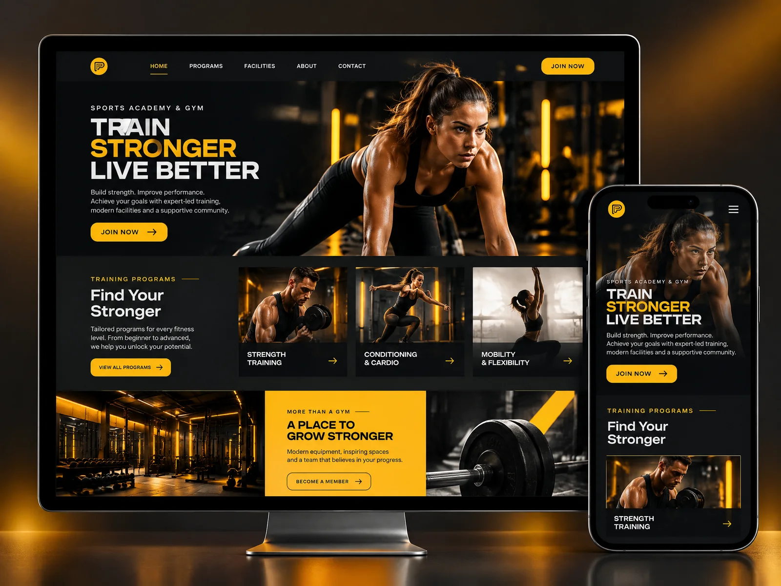 Mockup conceptual de website desportivo para academia, em desktop e mobile